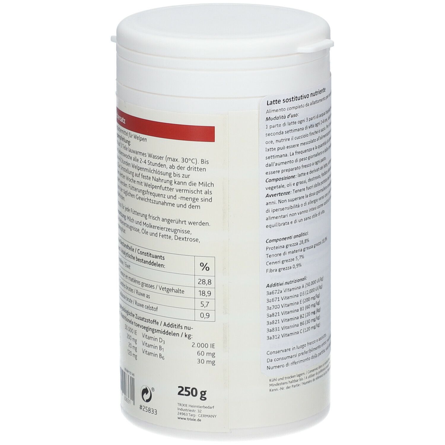 Contenitore bianco. Testo: Ingredienti, analisi. 250g. Vista posteriore.