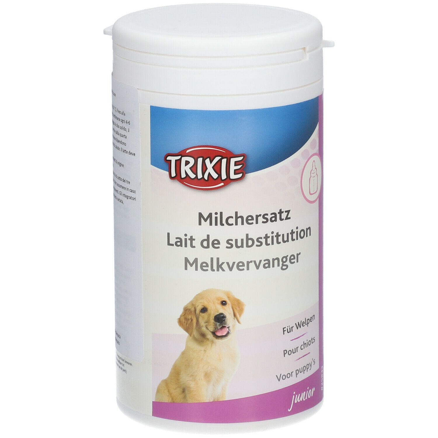 Contenitore bianco TRIXIE. Testo: Latte sostitutivo. Immagine di cucciolo. Prodotto junior.
