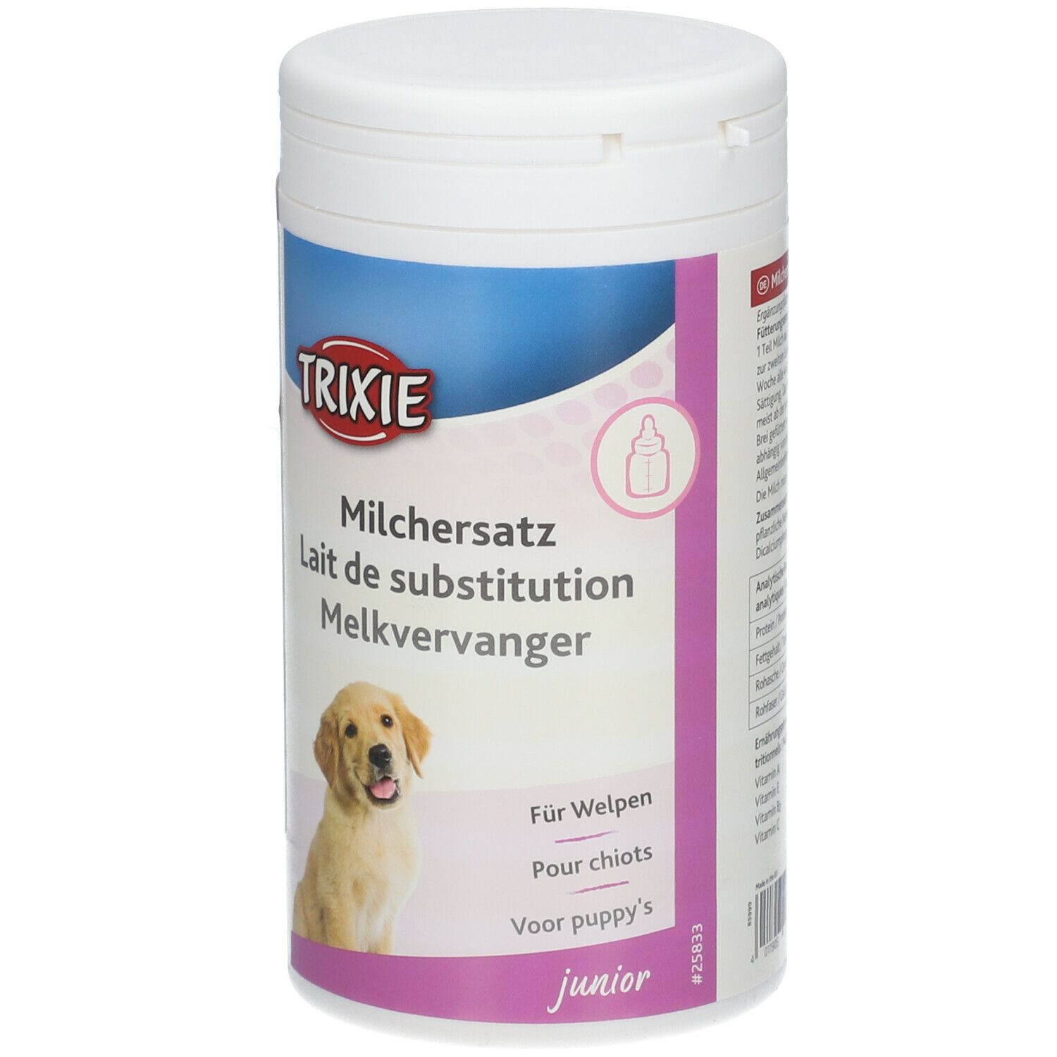 Contenitore bianco TRIXIE. Testo: Latte sostitutivo. Immagine di cucciolo. Prodotto junior.