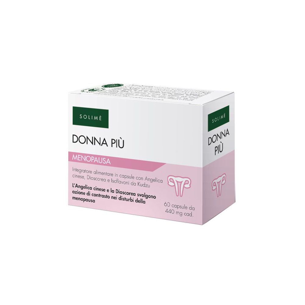 Scatola di SOLIME DONNA PIÙ MENOPAUSA. Contiene 60 capsule. Scritte con informazioni su ingredienti e utilizzo.