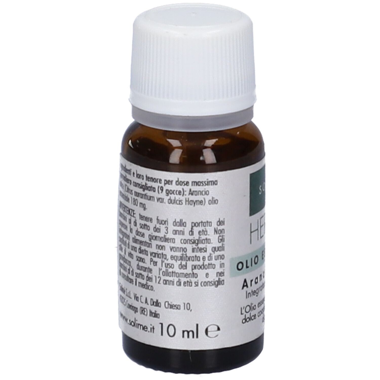 Flacone di vetro marrone con tappo bianco. Etichetta con testo e informazioni. Marchio: Solimè. Volume: 10 ml.