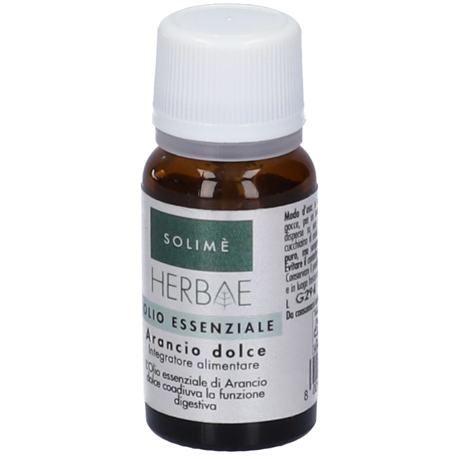 Flacone di vetro marrone con tappo bianco. Etichetta con testo: Herbae, Olio Essenziale, Arancio Dolce. Marchio: Solimè.
