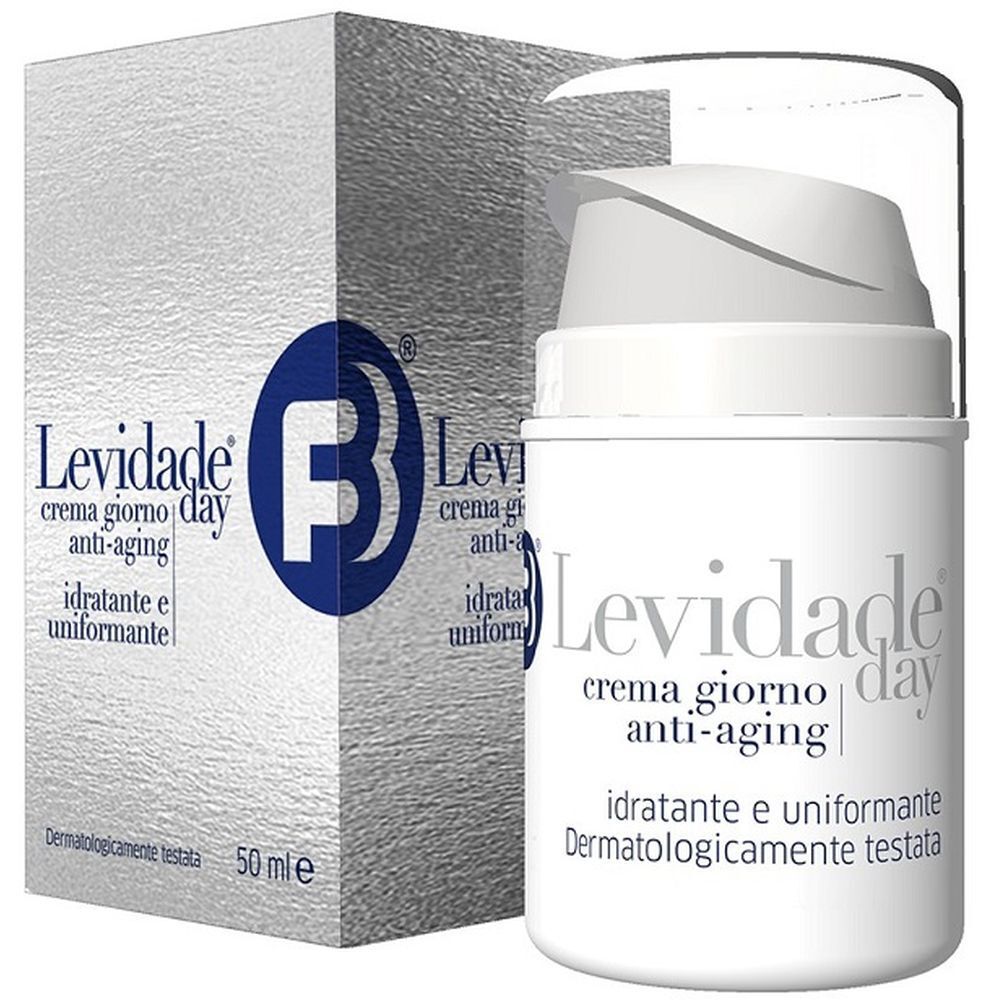 Flacone e scatola di crema. Scritta: Levidade Day, crema giorno anti-aging, idratante e uniformante. 50 ml.
