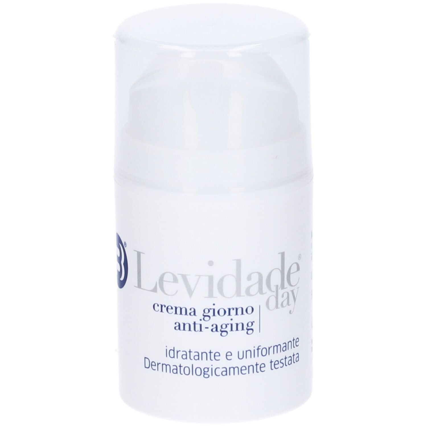 Flacone di crema bianco con coperchio a ribalta. Scritta: Levidade Day, crema giorno anti-aging, idratante e uniformante.