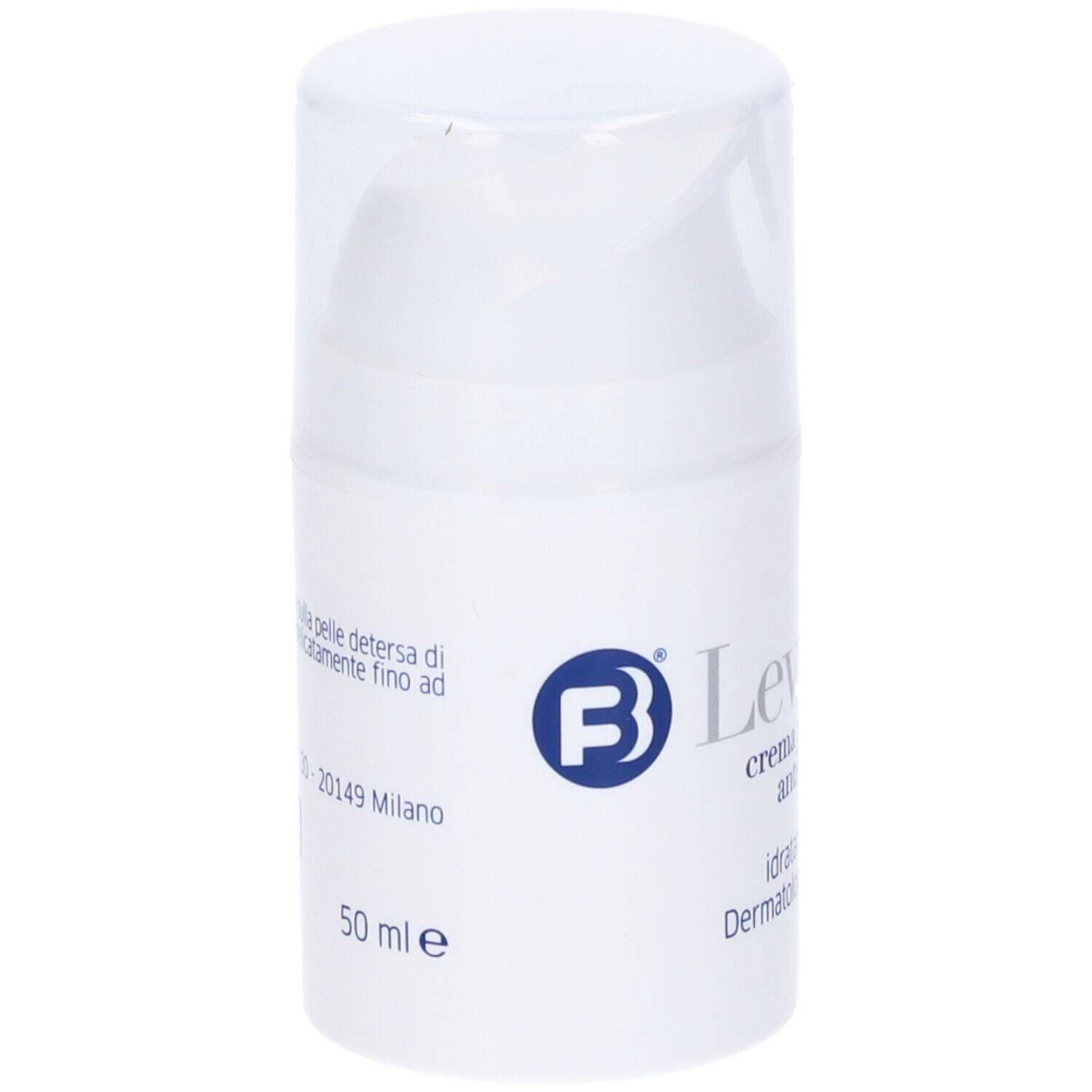 Flacone di crema bianco con coperchio a ribalta. Scritta: Levidade Day, crema giorno anti-aging, idratante e uniformante. 50 ml.