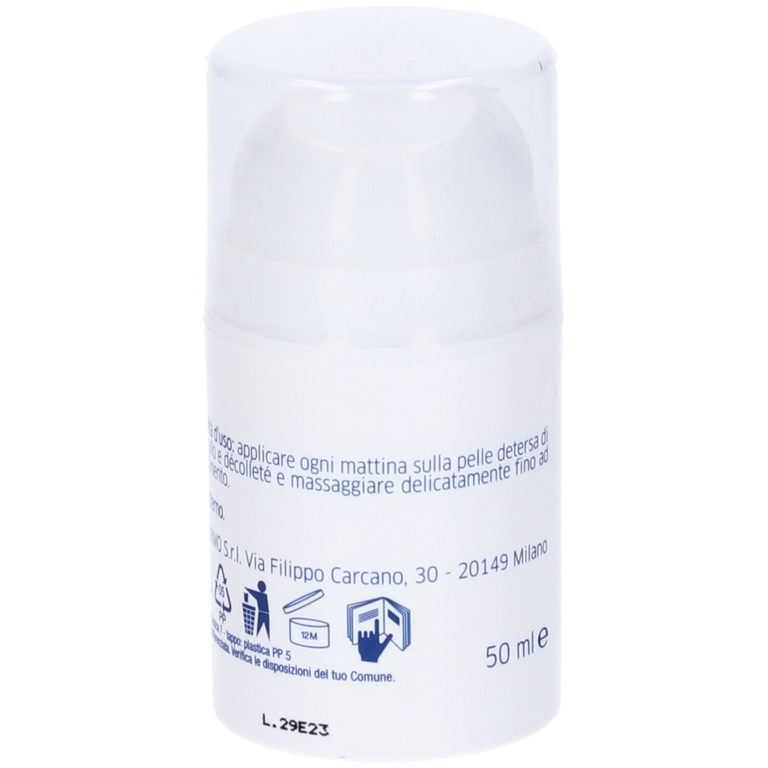 Flacone di crema bianco con coperchio a ribalta. Scritta: Levidade Day, crema giorno anti-aging, idratante e uniformante. 50 ml.