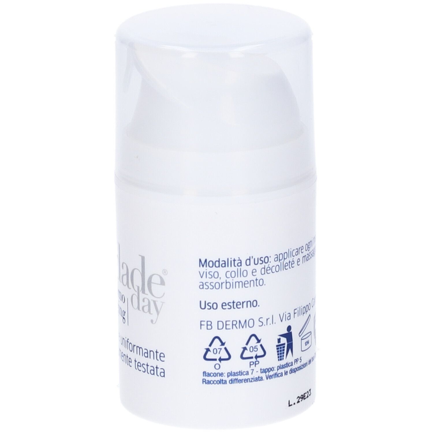 Flacone di crema bianco con coperchio a ribalta. Scritta: Levidade Day, crema giorno anti-aging, idratante e uniformante. 50 ml.