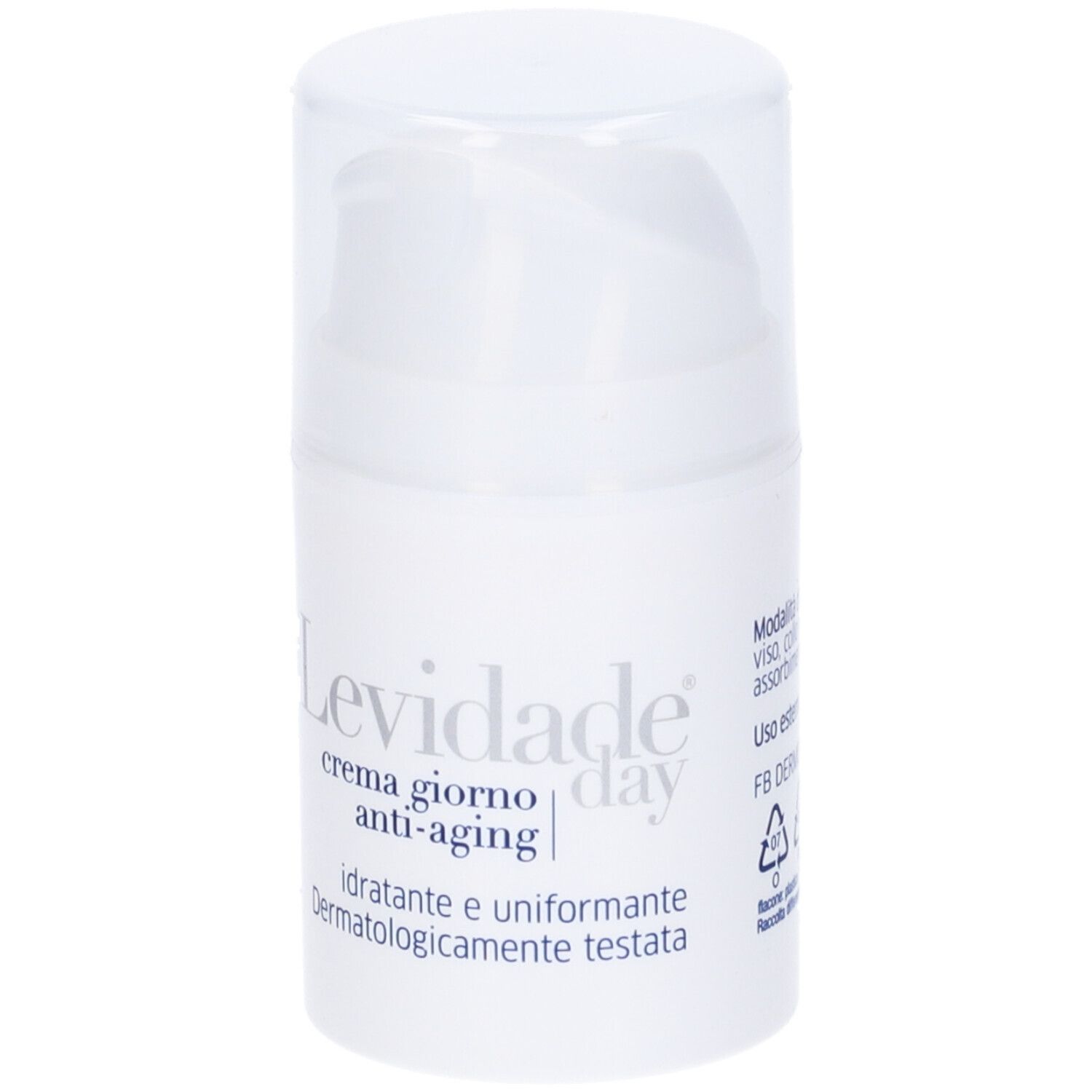 Flacone di crema bianco con coperchio a ribalta. Scritta: Levidade Day, crema giorno anti-aging, idratante e uniformante. 50 ml.