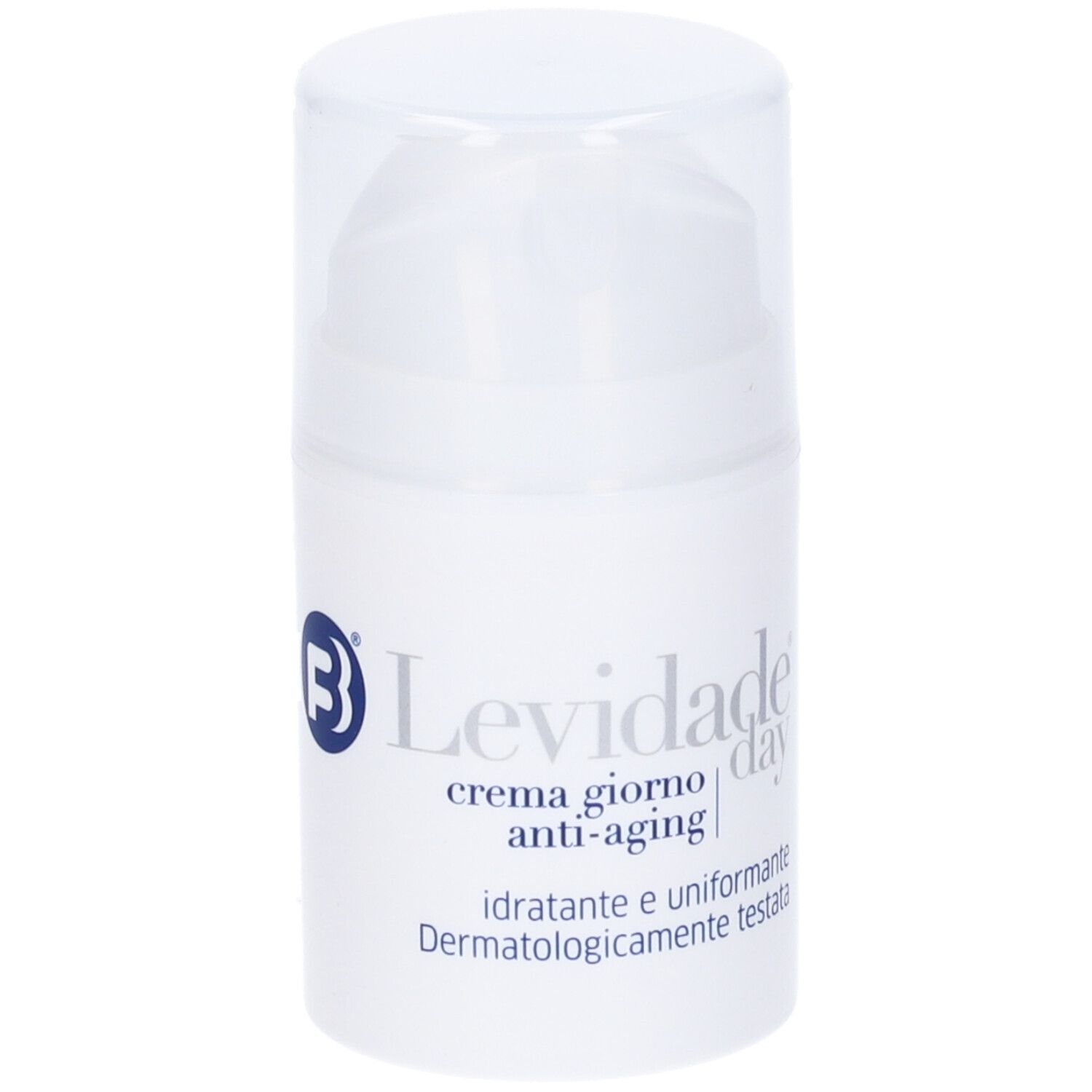 Flacone di crema bianco con coperchio a ribalta. Scritta: Levidade Day, crema giorno anti-aging, idratante e uniformante. 50 ml.
