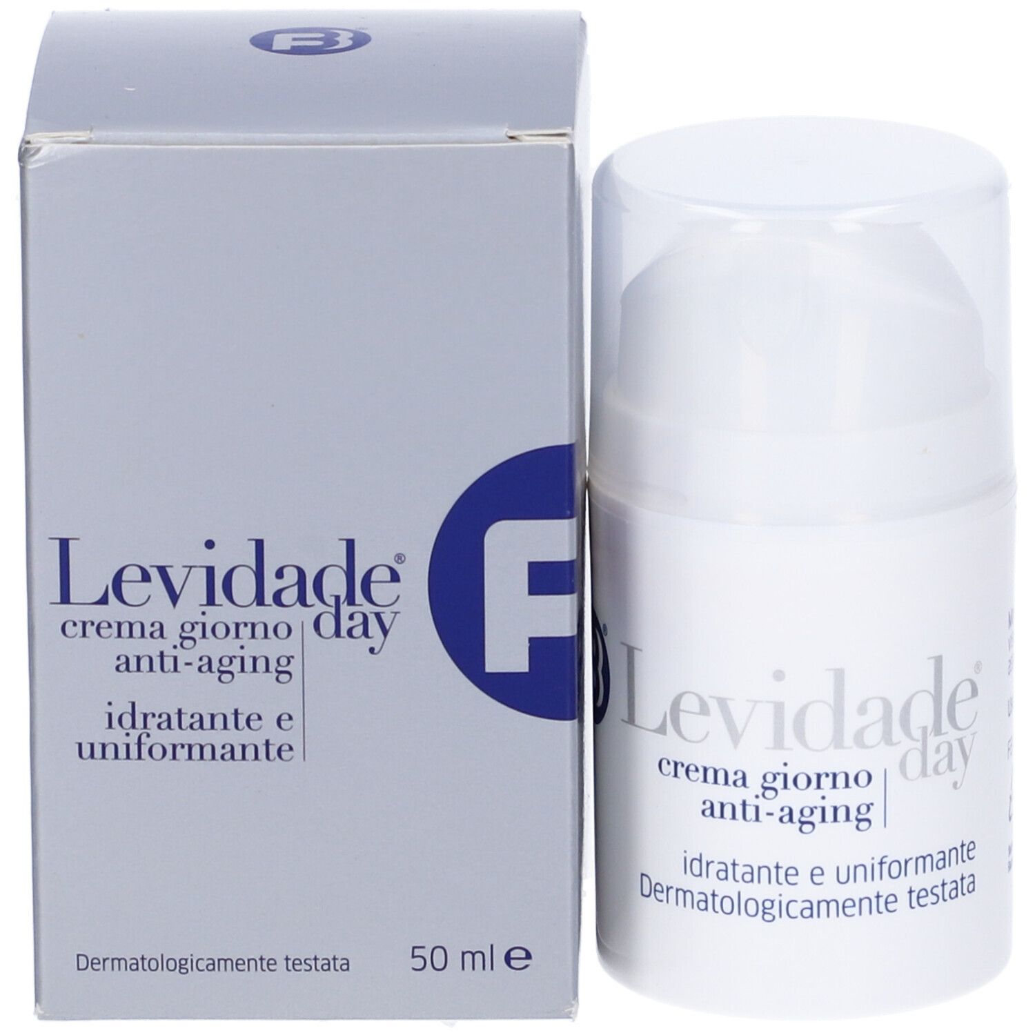 Flacone e scatola di crema. Scritta: Levidade Day, crema giorno anti-aging, idratante e uniformante. 50 ml.