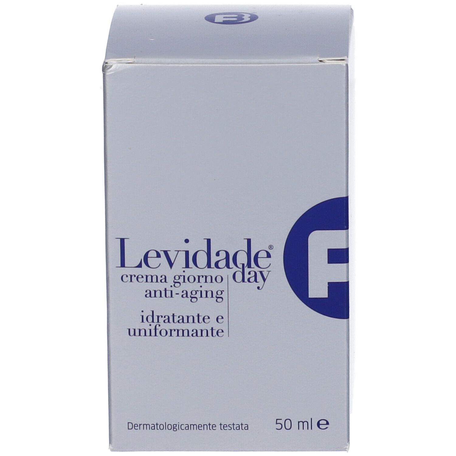 Scatola con scritta: Levidade Day, crema giorno anti-aging, idratante e uniformante. 50 ml.