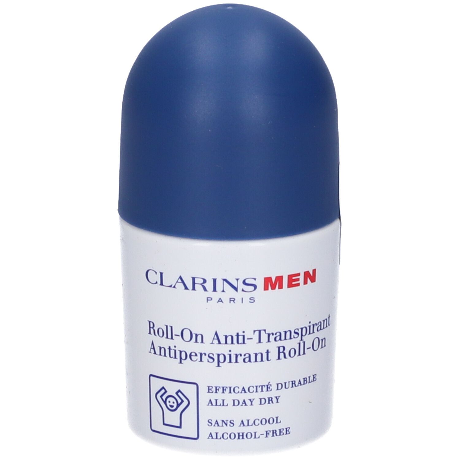 Flacone roll-on bianco e blu. Scritta: Clarins Men, Roll-On Anti-Transpirant. Con simbolo e testo: Sans Alcool.