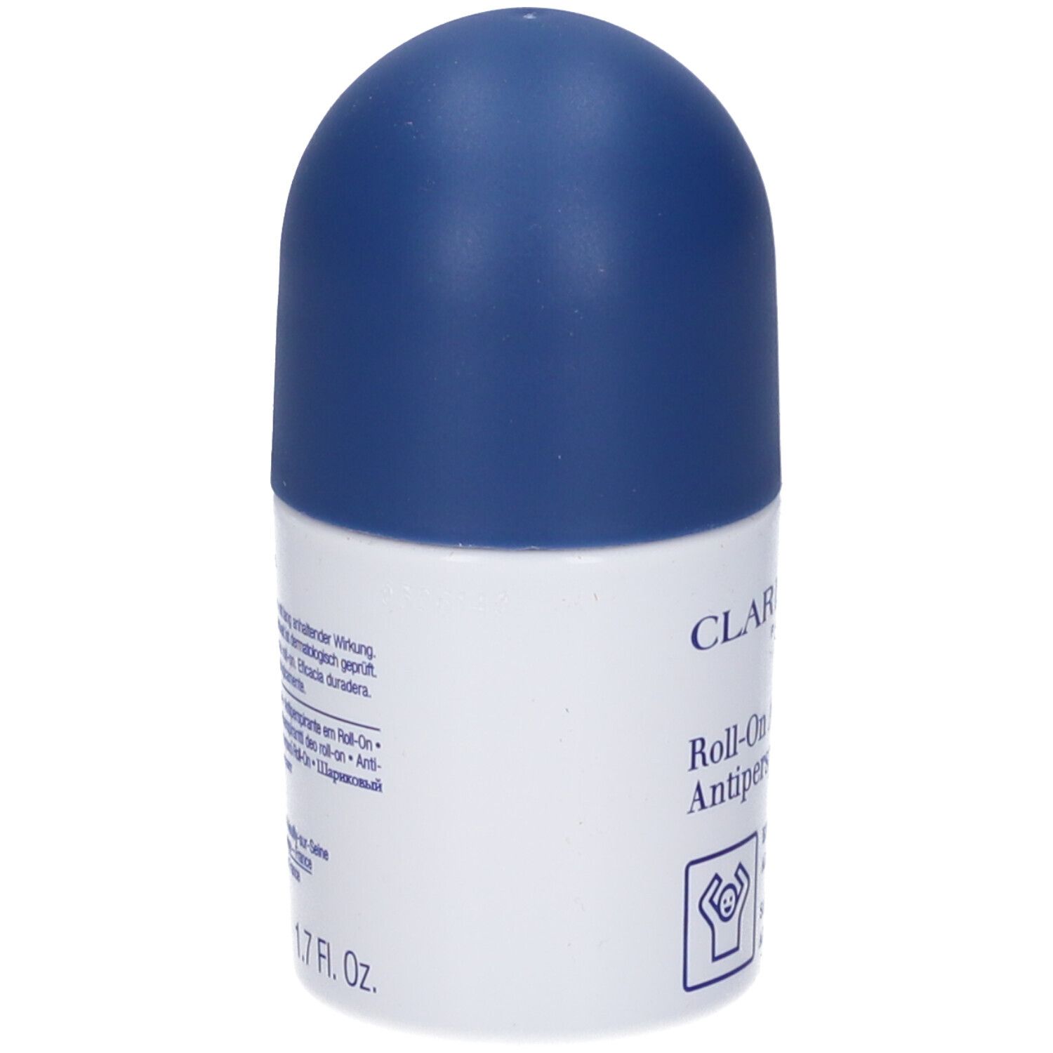 Flacone roll-on bianco e blu. Scritta: Clarins Men, Roll-On Anti-Transpirant. Con testo e simbolo.