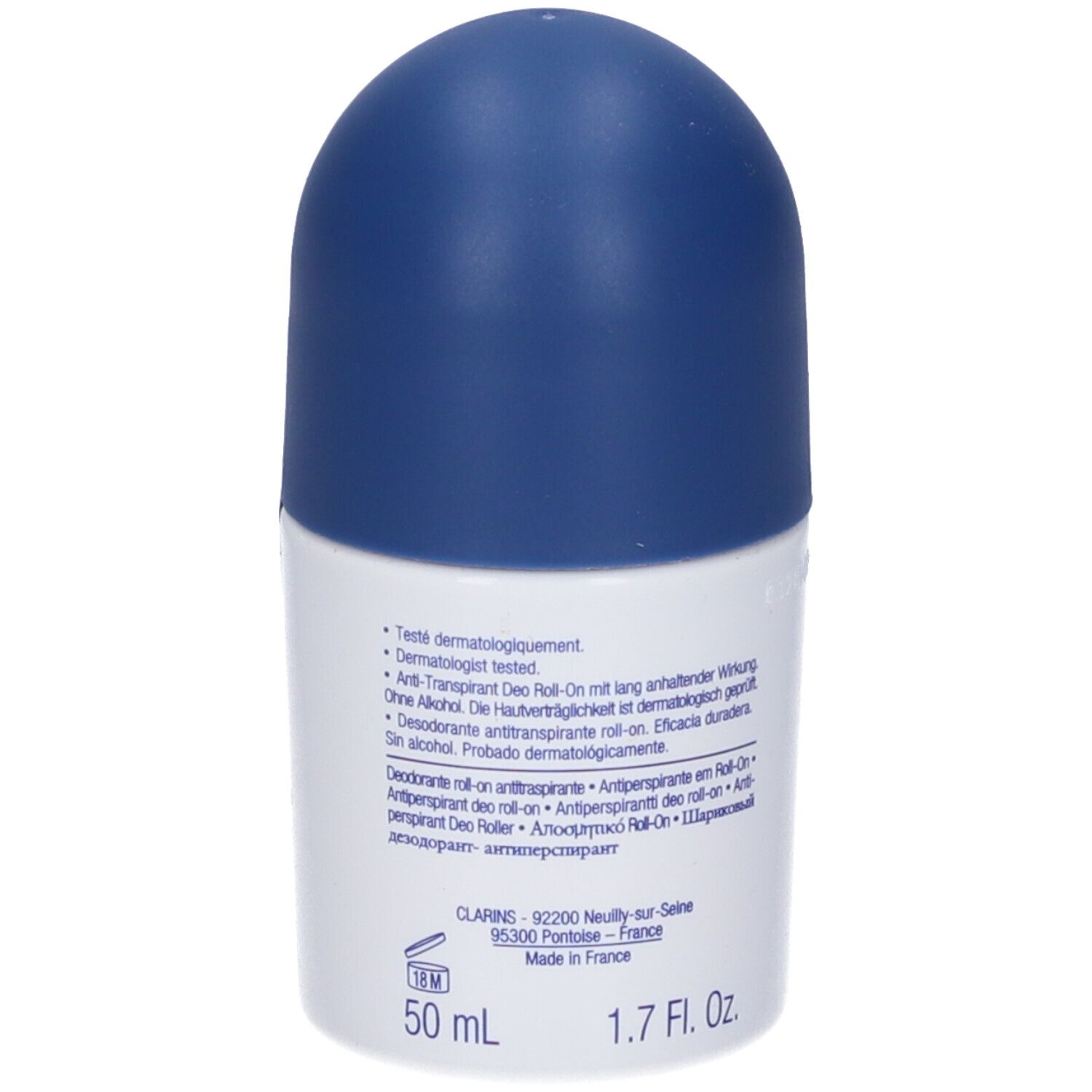 Flacone roll-on bianco e blu. Scritta: Clarins Men, Roll-On Anti-Transpirant. Con testo e logo.
