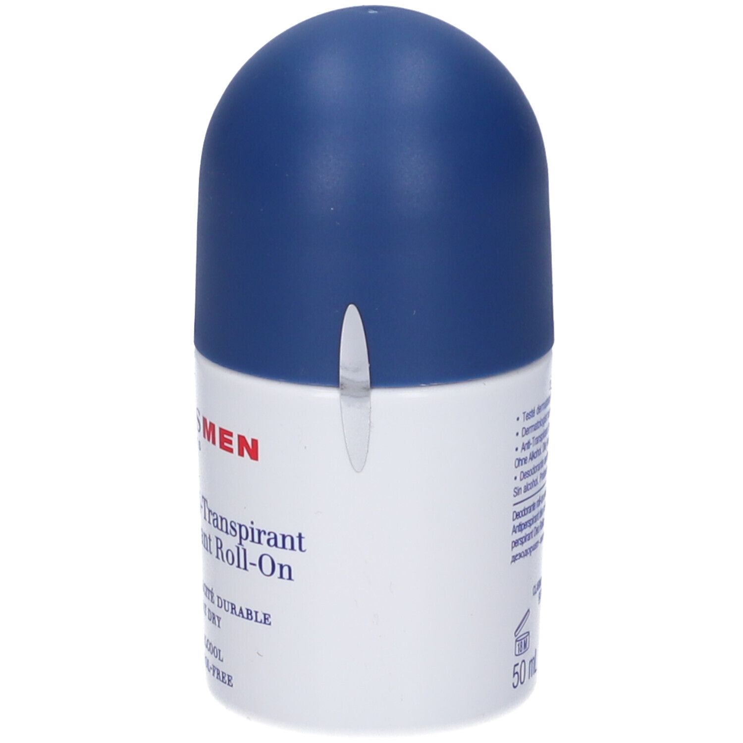 Flacone roll-on bianco e blu. Scritta: Clarins Men, Roll-On Anti-Transpirant. Con testo e logo.