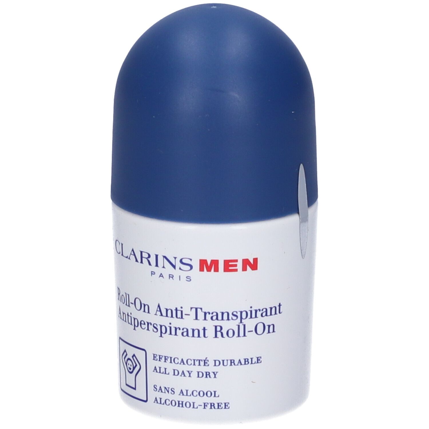 Flacone roll-on bianco e blu. Scritta: Clarins Men, Roll-On Anti-Transpirant. Con testo e logo.