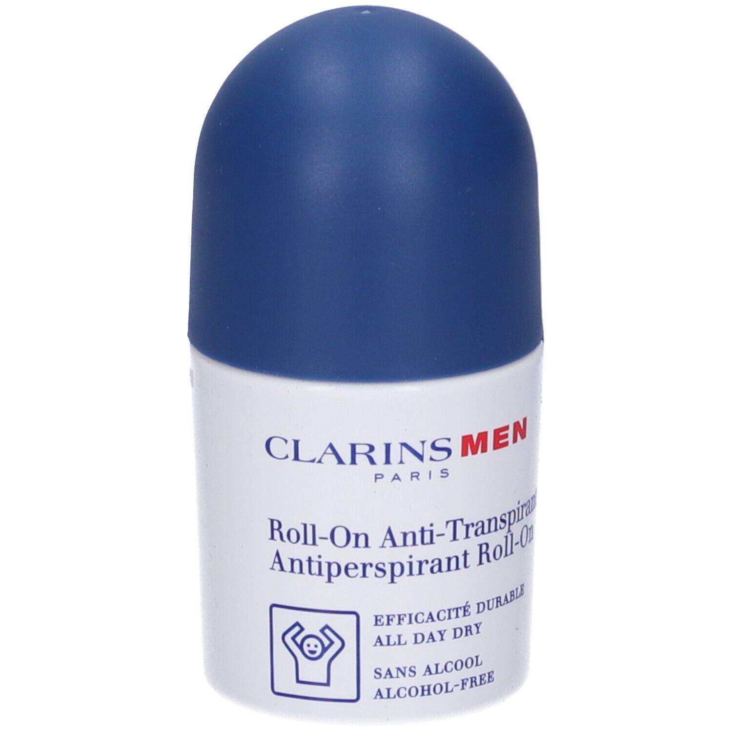 Flacone roll-on bianco e blu. Scritta: Clarins Men, Roll-On Anti-Transpirant. Con testo e logo.