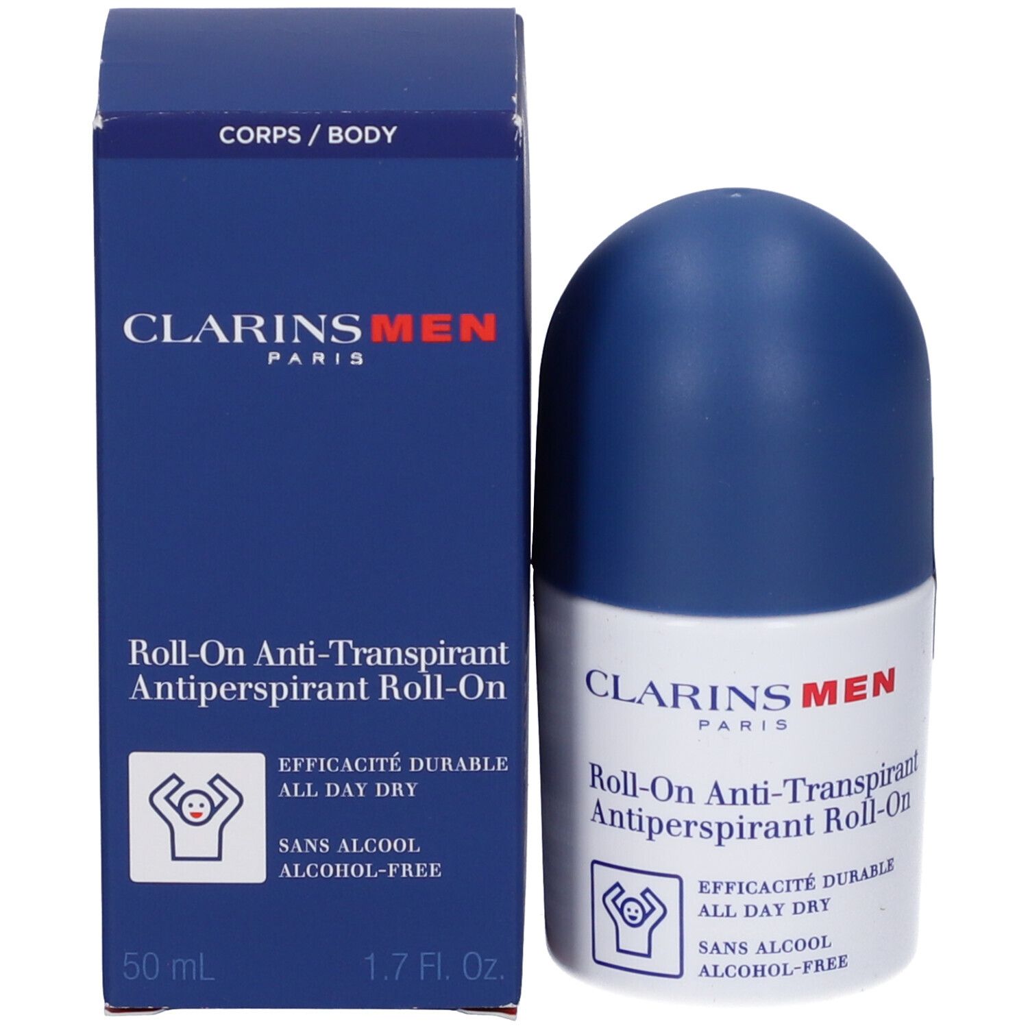 Prodotto e confezione. Scatola blu e flacone roll-on bianco. Scritta: Clarins Men, Roll-On Anti-Transpirant.