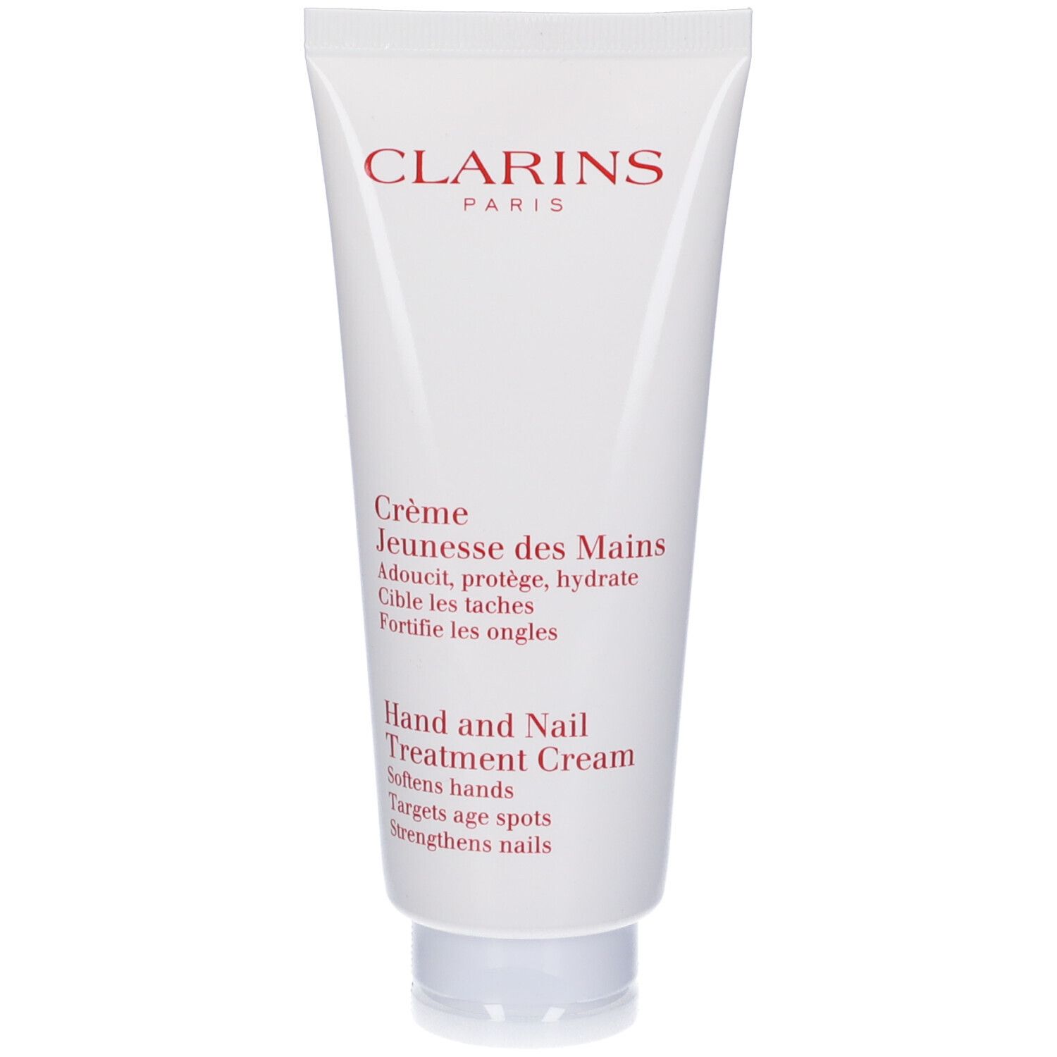 Tubo bianco con testo rosso. Contiene Crème Jeunesse des Mains. Marchio Clarins.