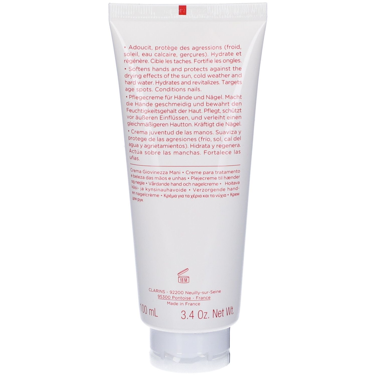 Retro del tubo bianco. Contiene testo in più lingue. Marchio Clarins.