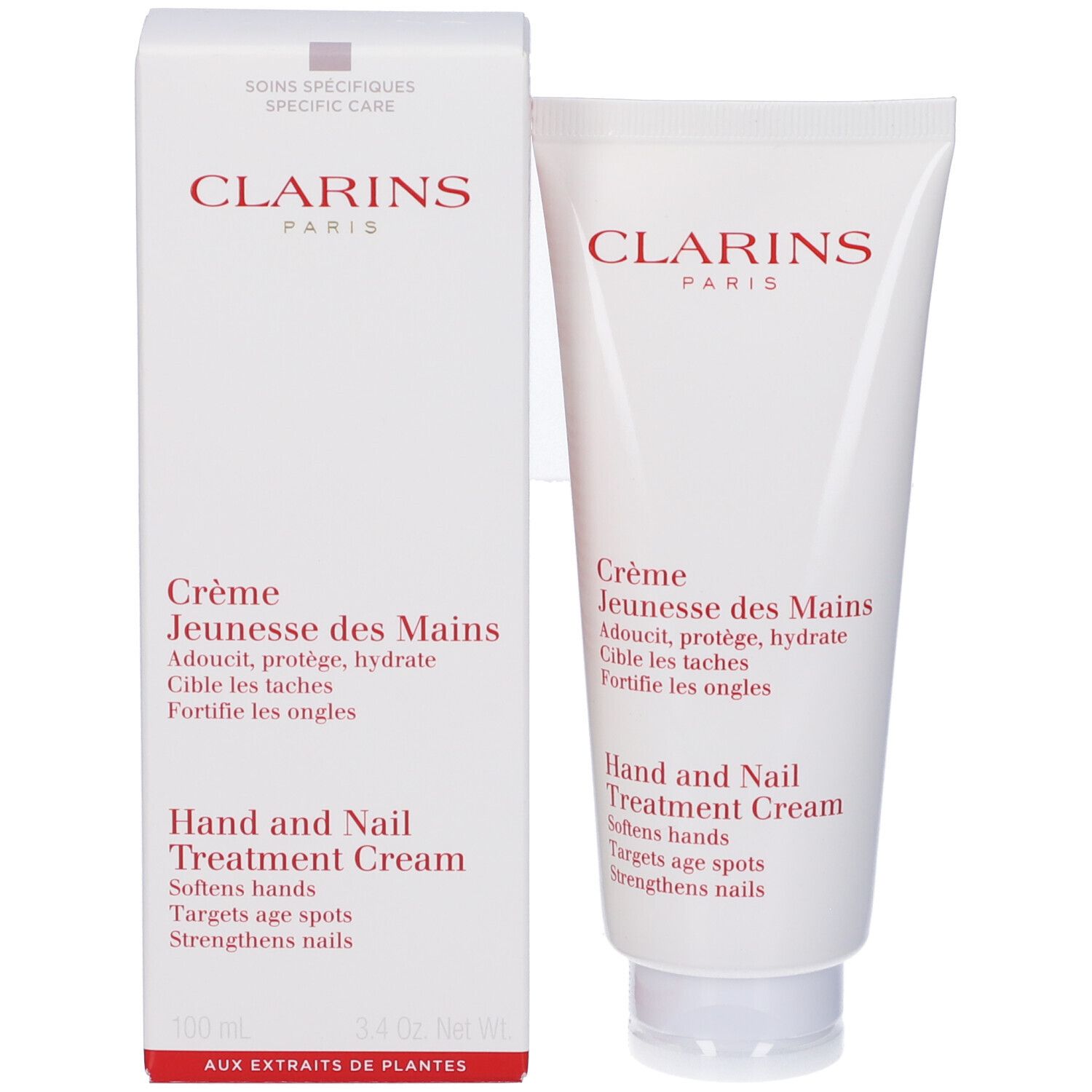Confezione del prodotto con tubo e scatola. Contiene Crème Jeunesse des Mains. Marchio Clarins.