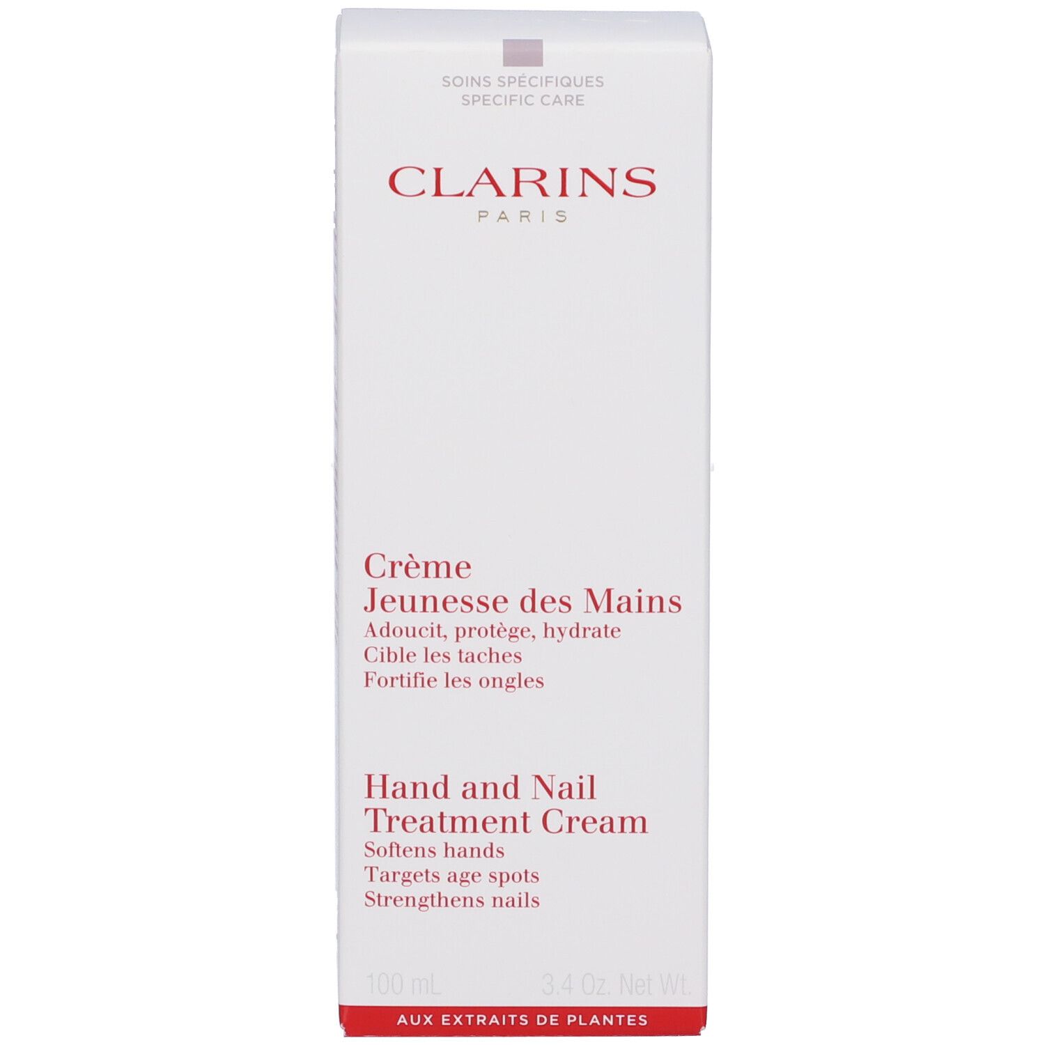 Scatola bianca con testo rosso. Contiene Crème Jeunesse des Mains. Marchio Clarins.