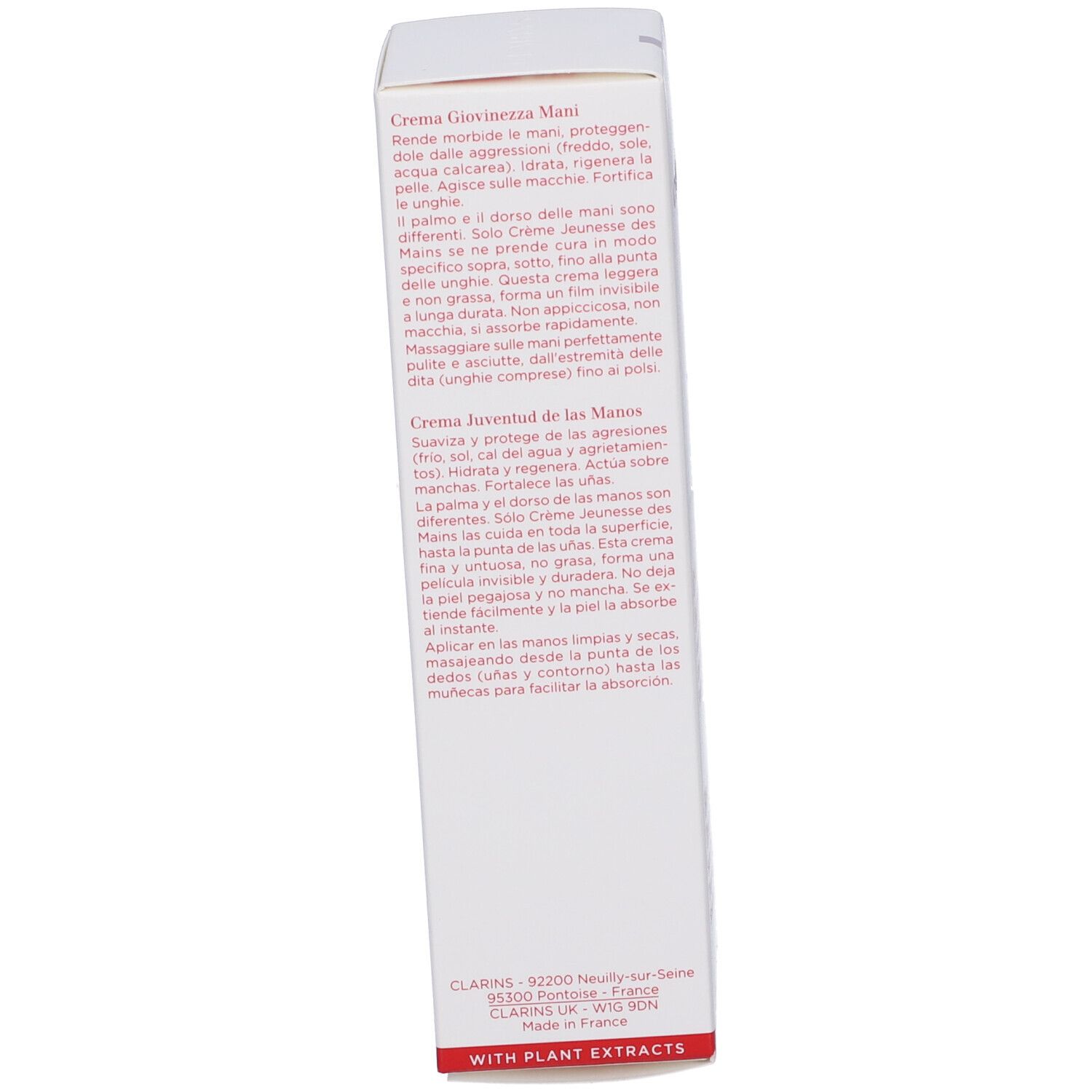 Scatola con testo in più lingue. Contiene Crème Jeunesse des Mains. Marchio Clarins.