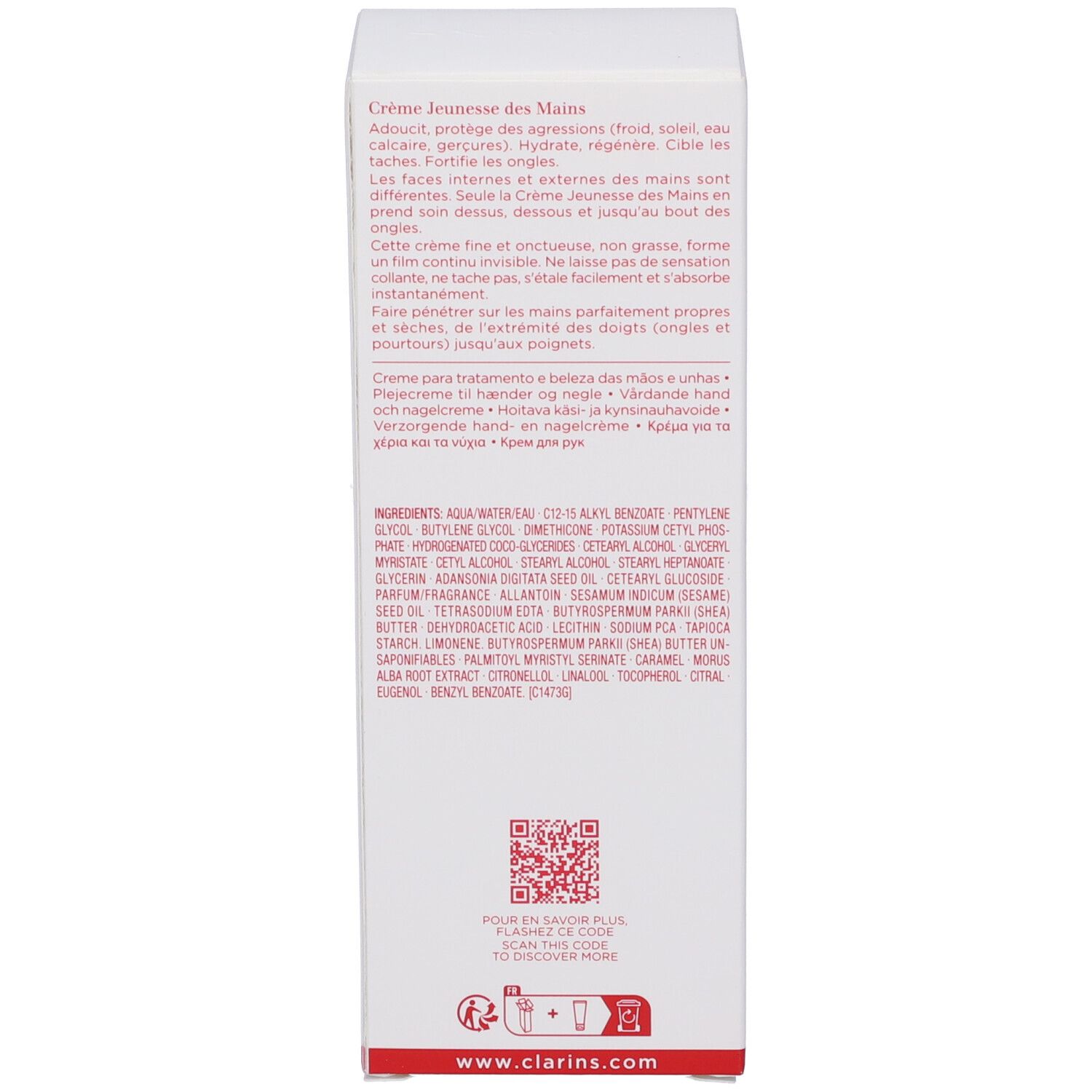Retro della scatola con ingredienti e testo. Marchio Clarins.