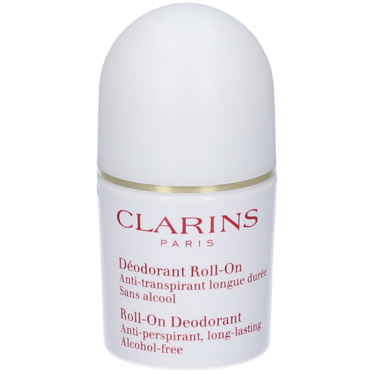 Clarins Deodorante Roll-On. Flacone bianco con scritte rosse. Nome del prodotto e caratteristiche.