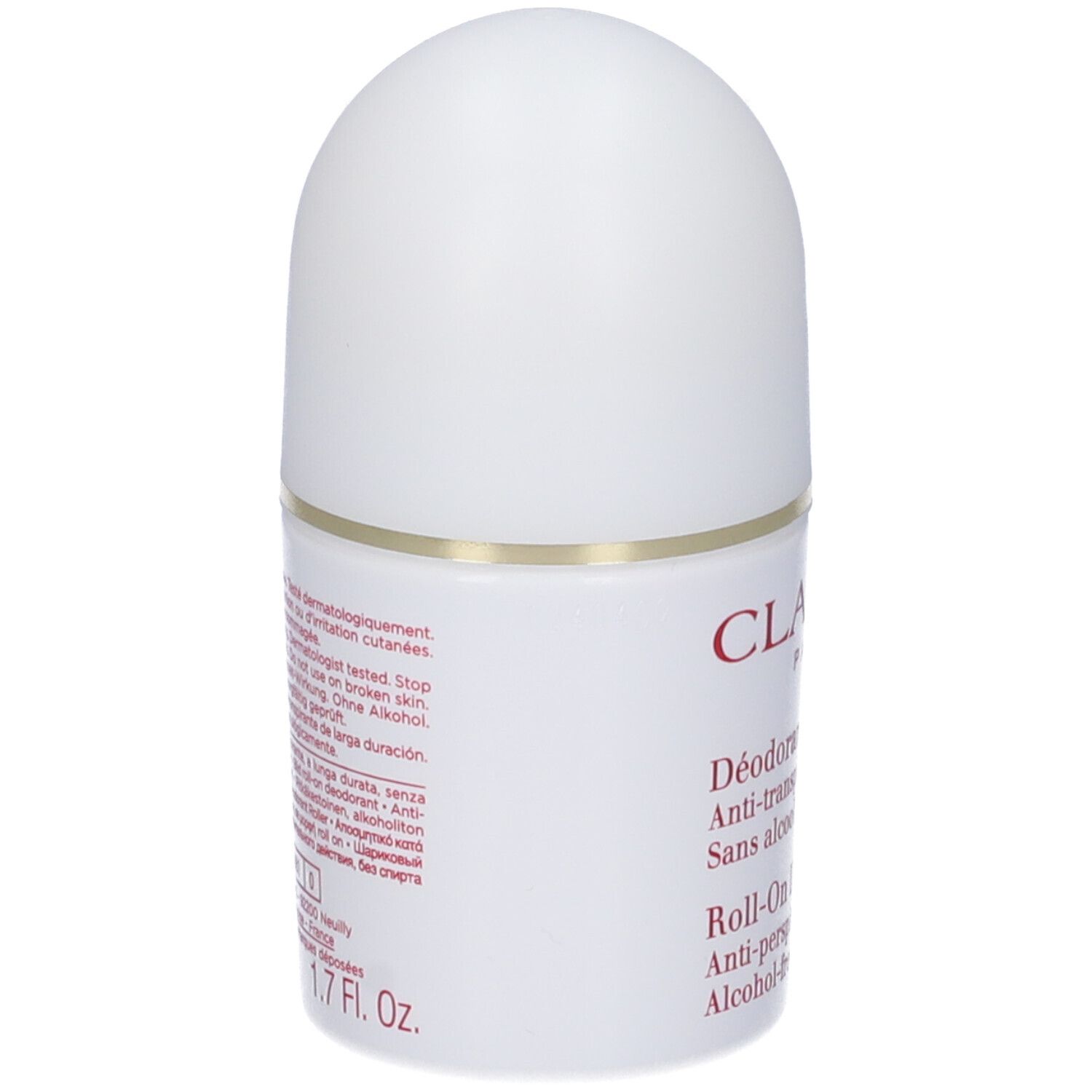 Clarins Deodorante Roll-On. Vista posteriore del flacone bianco con scritte rosse. Informazioni sul prodotto.