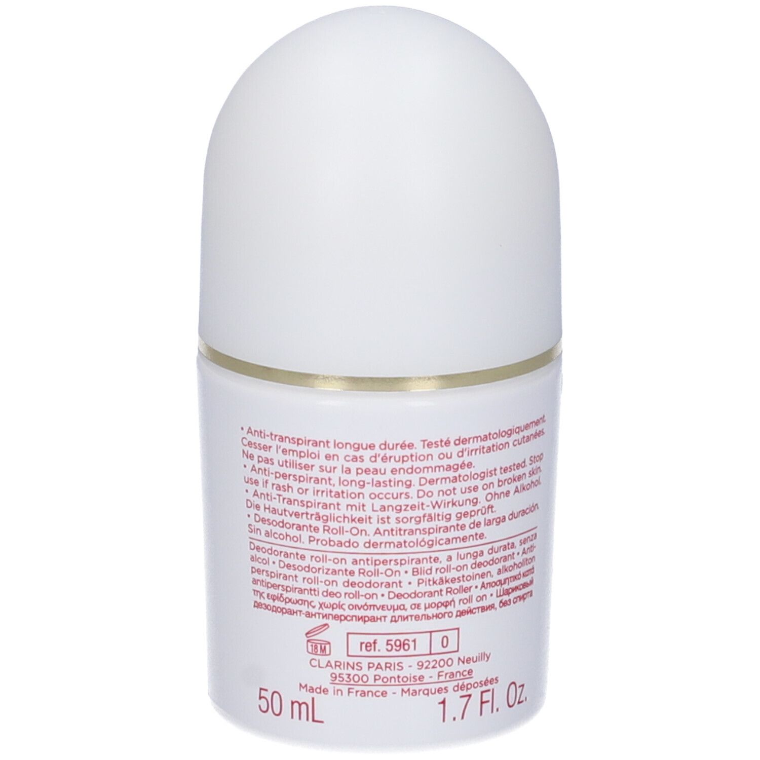 Clarins Deodorante Roll-On. Vista posteriore del flacone bianco con scritte rosse. Informazioni e volume.