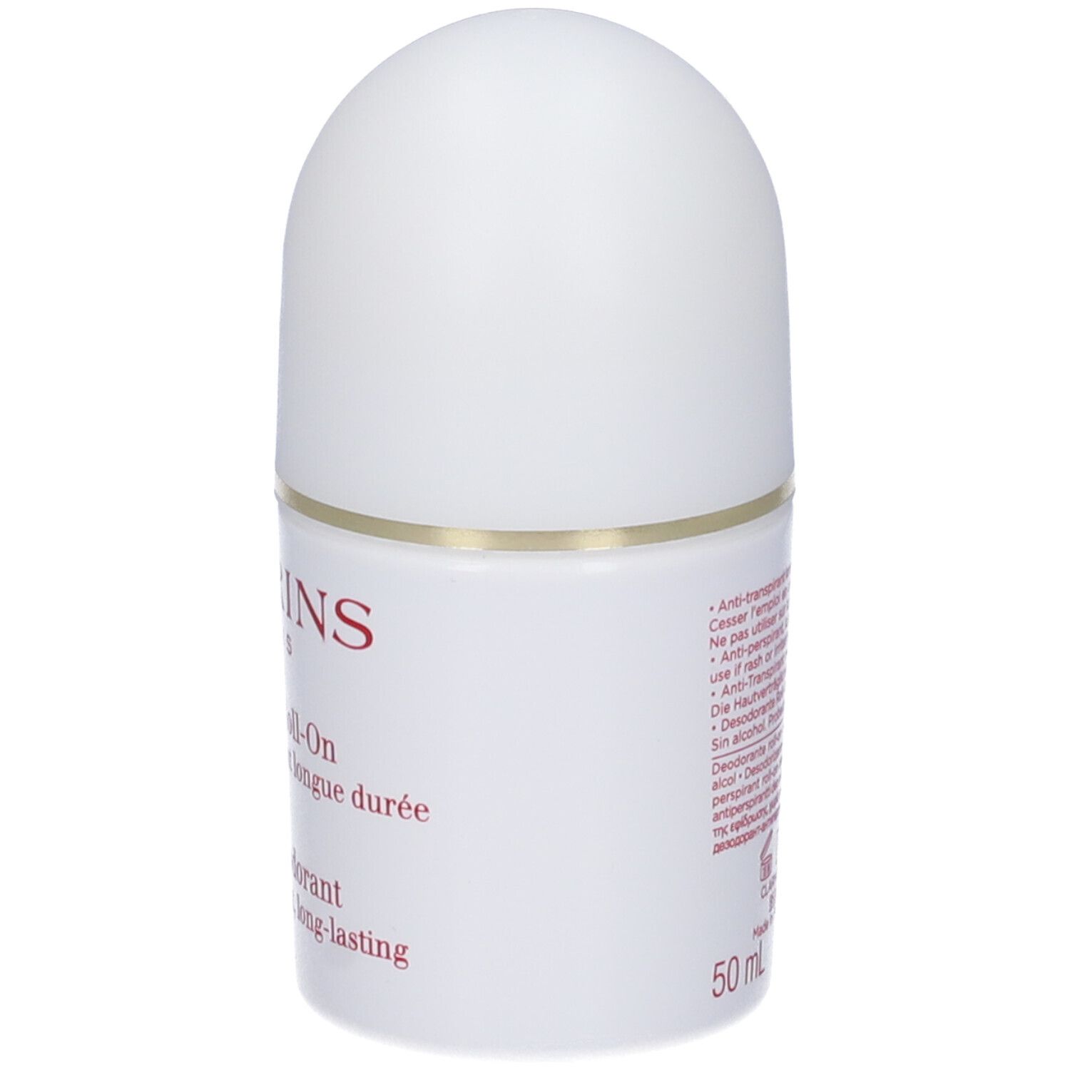 Clarins Deodorante Roll-On. Vista laterale del flacone bianco con scritte rosse. Informazioni sul prodotto.
