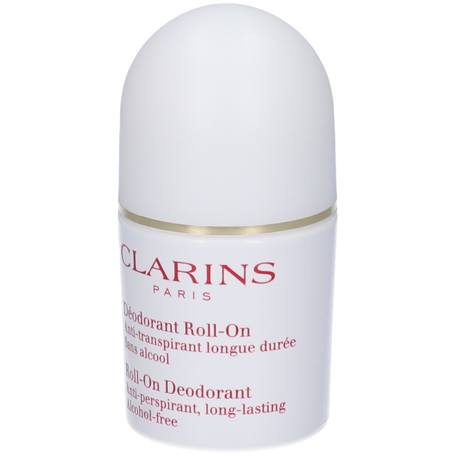 Clarins Deodorante Roll-On. Flacone bianco con scritte rosse. Nome del prodotto e caratteristiche.