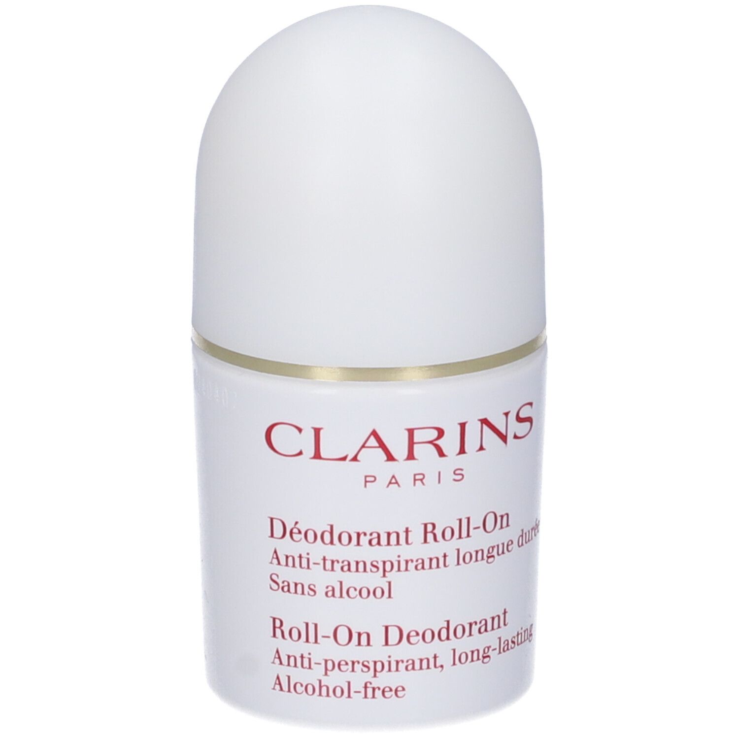 Clarins Deodorante Roll-On. Flacone bianco con scritte rosse. Nome del prodotto e caratteristiche.