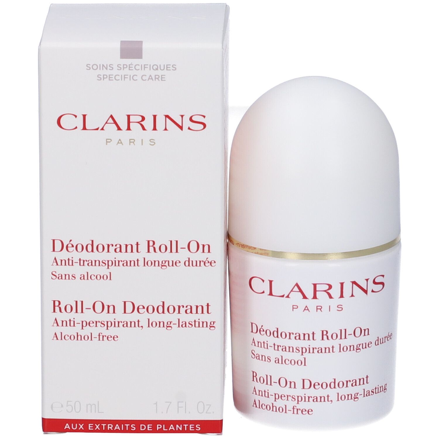 Clarins Deodorante Roll-On e confezione. Flacone bianco e scatola con scritte rosse. Nome del prodotto.