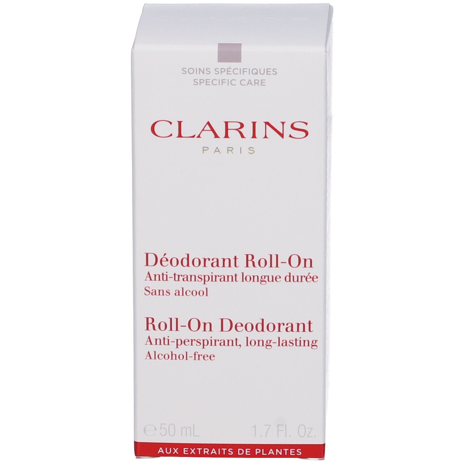 Clarins Deodorante Roll-On e confezione. Scatola con scritte rosse. Nome e caratteristiche del prodotto.