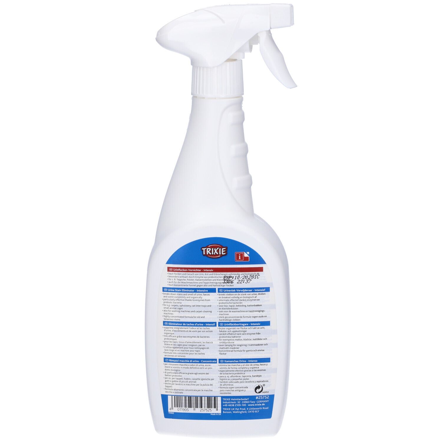 Retro di un flacone spray bianco. Etichetta blu con testo multilingue. Logo TRIXIE.