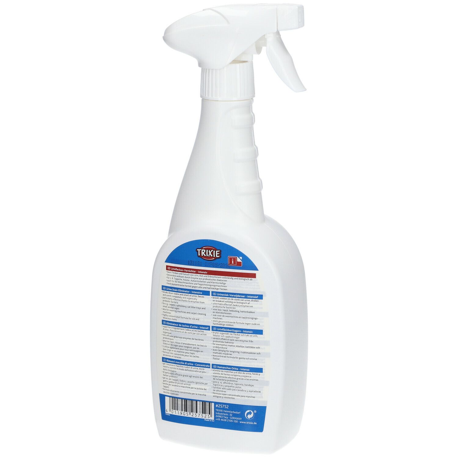 Retro di un flacone spray bianco. Etichetta blu con testo multilingue. Logo TRIXIE.
