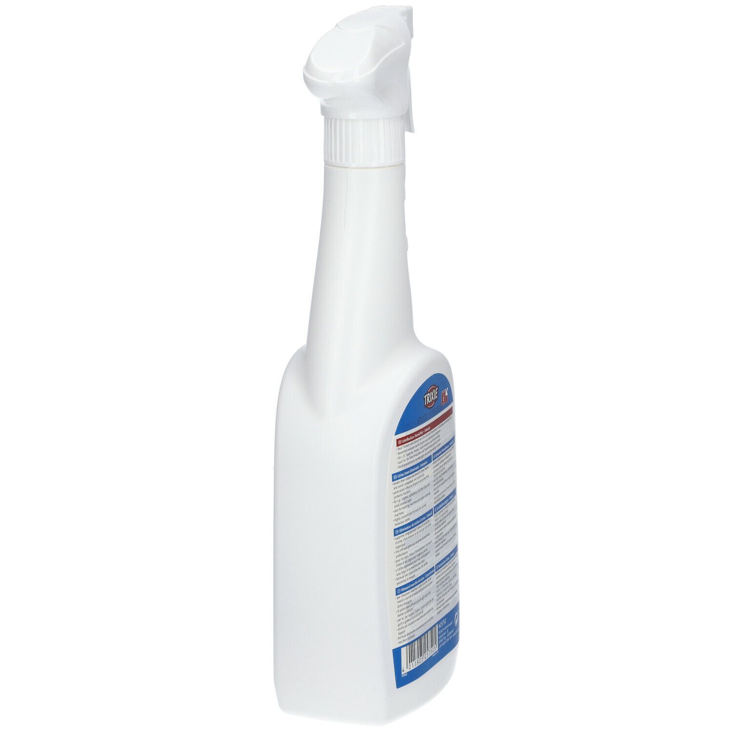 Flacone spray bianco, vista laterale. Etichetta blu con testo. Logo TRIXIE.