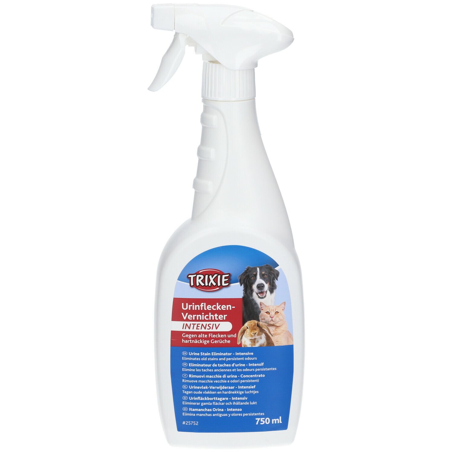 Flacone spray bianco con etichetta. TRIXIE, Urinflecken-Vernichter intensiv. Immagine cane, gatto, coniglio. 750 ml.