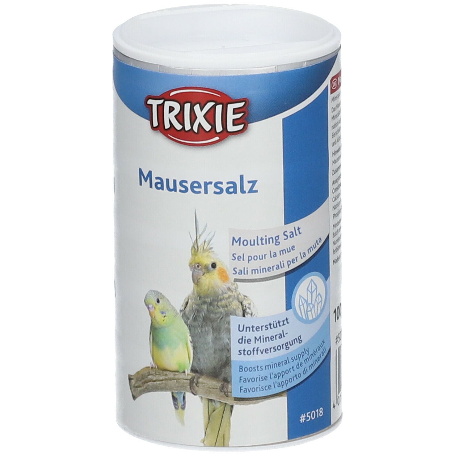 Barattolo cilindrico con logo TRIXIE e illustrazione di pappagalli. Testo: Mausersalz, Moulting Salt, Sal minerali per la muta.