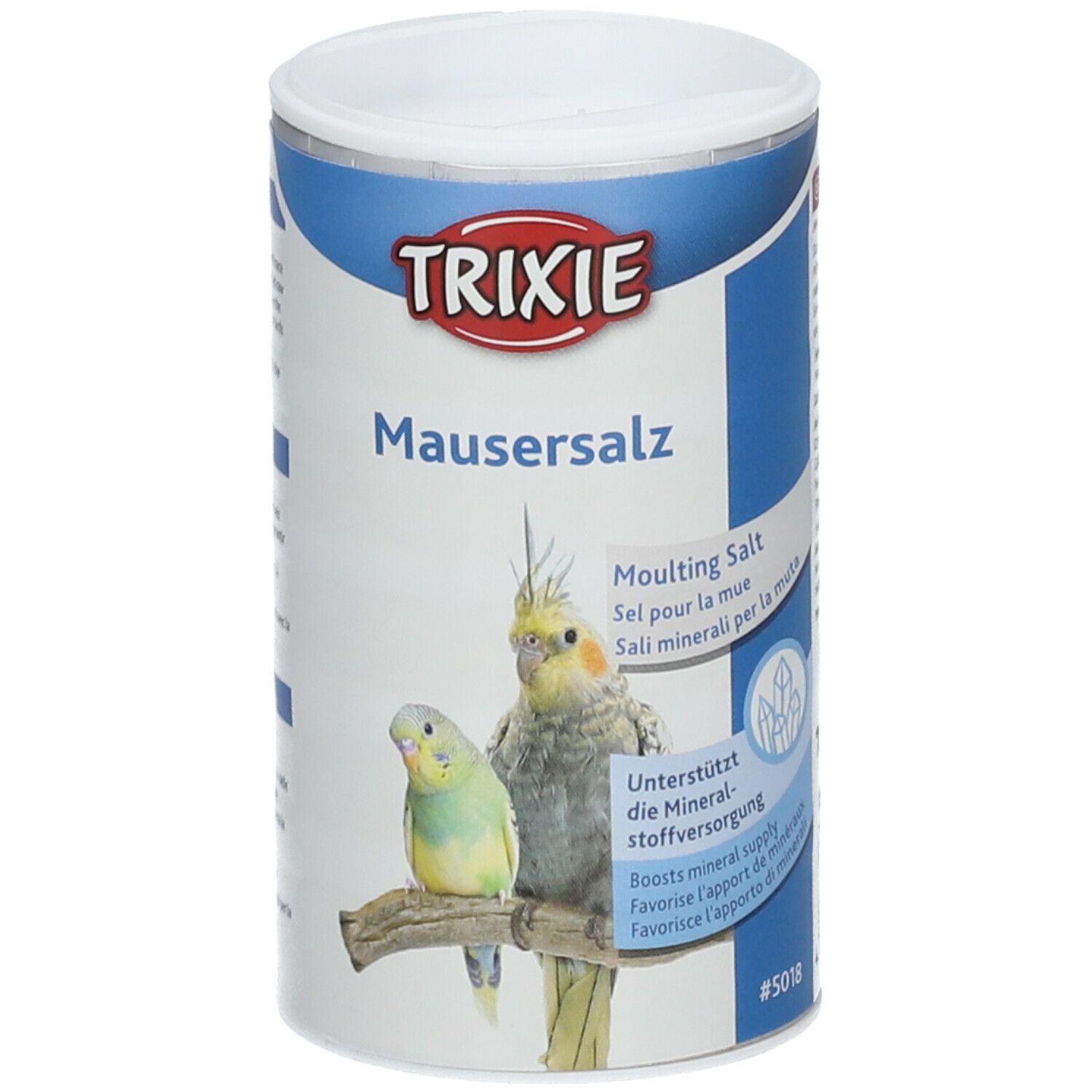 Barattolo cilindrico con logo TRIXIE e illustrazione di pappagalli. Testo: Mausersalz, Moulting Salt, Sal minerali per la muta.