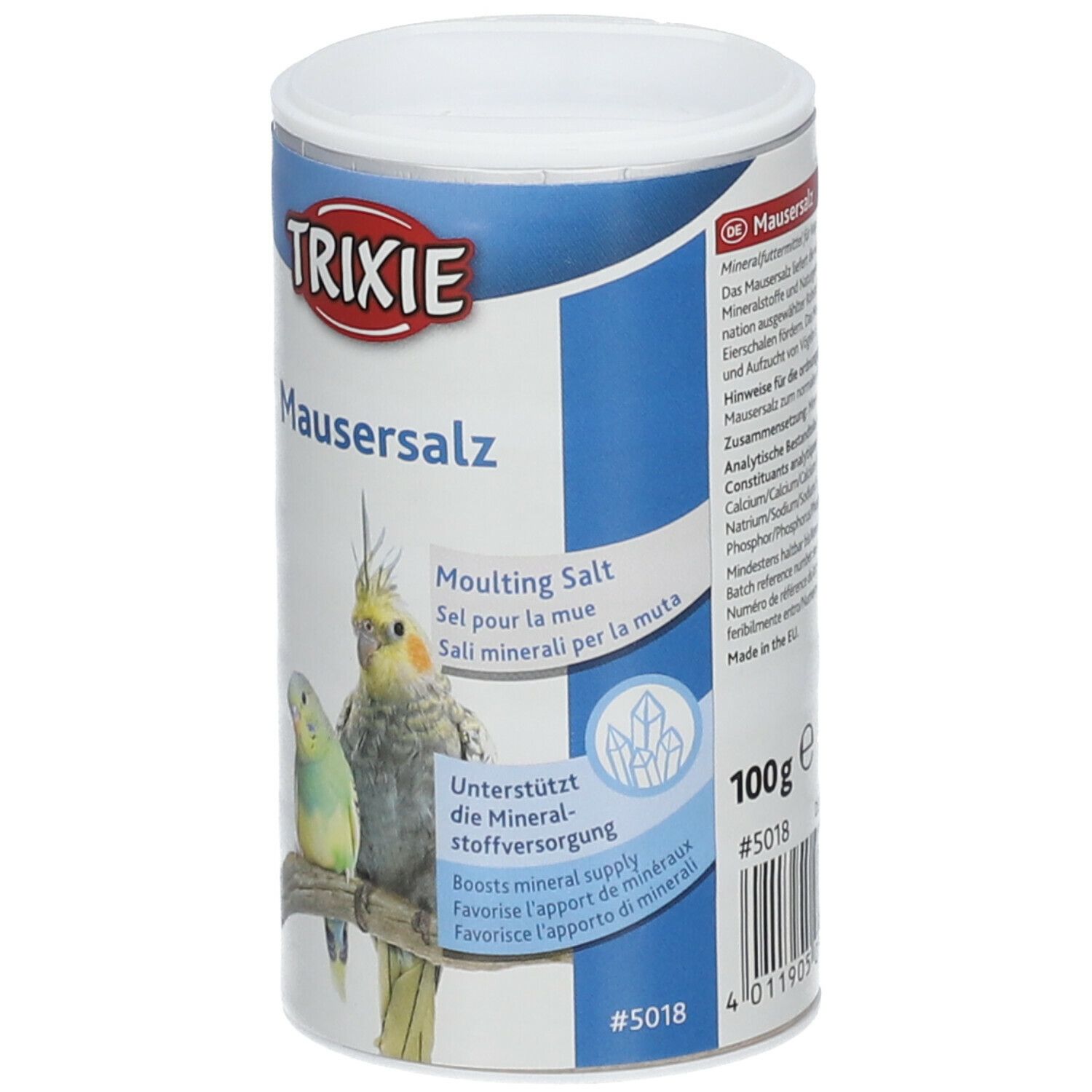 Barattolo cilindrico con logo TRIXIE, illustrazione di pappagalli e testo: Mausersalz, Moulting Salt, Sal minerali per la muta. 100g.