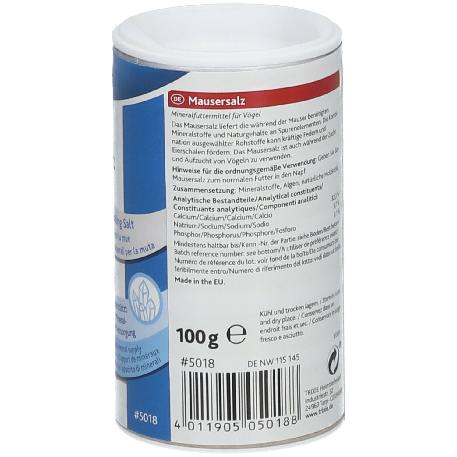Barattolo cilindrico con testo in tedesco, inglese, francese e italiano. Contiene informazioni su minerali e ingredienti. 100g.