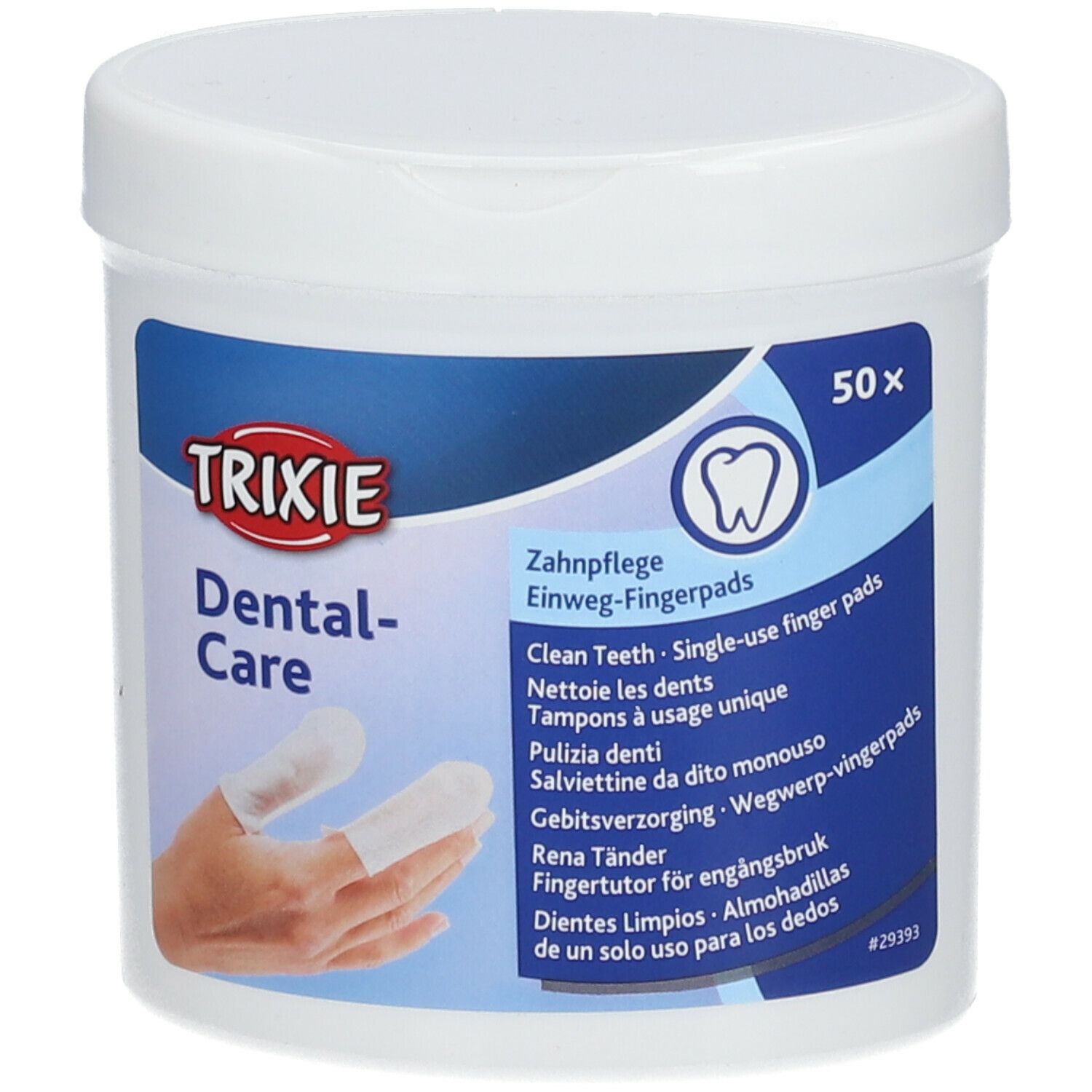 Contenitore bianco con etichetta blu. Scritta: TRIXIE Dental-Care. Salviettine mostrate. 50 pezzi.
