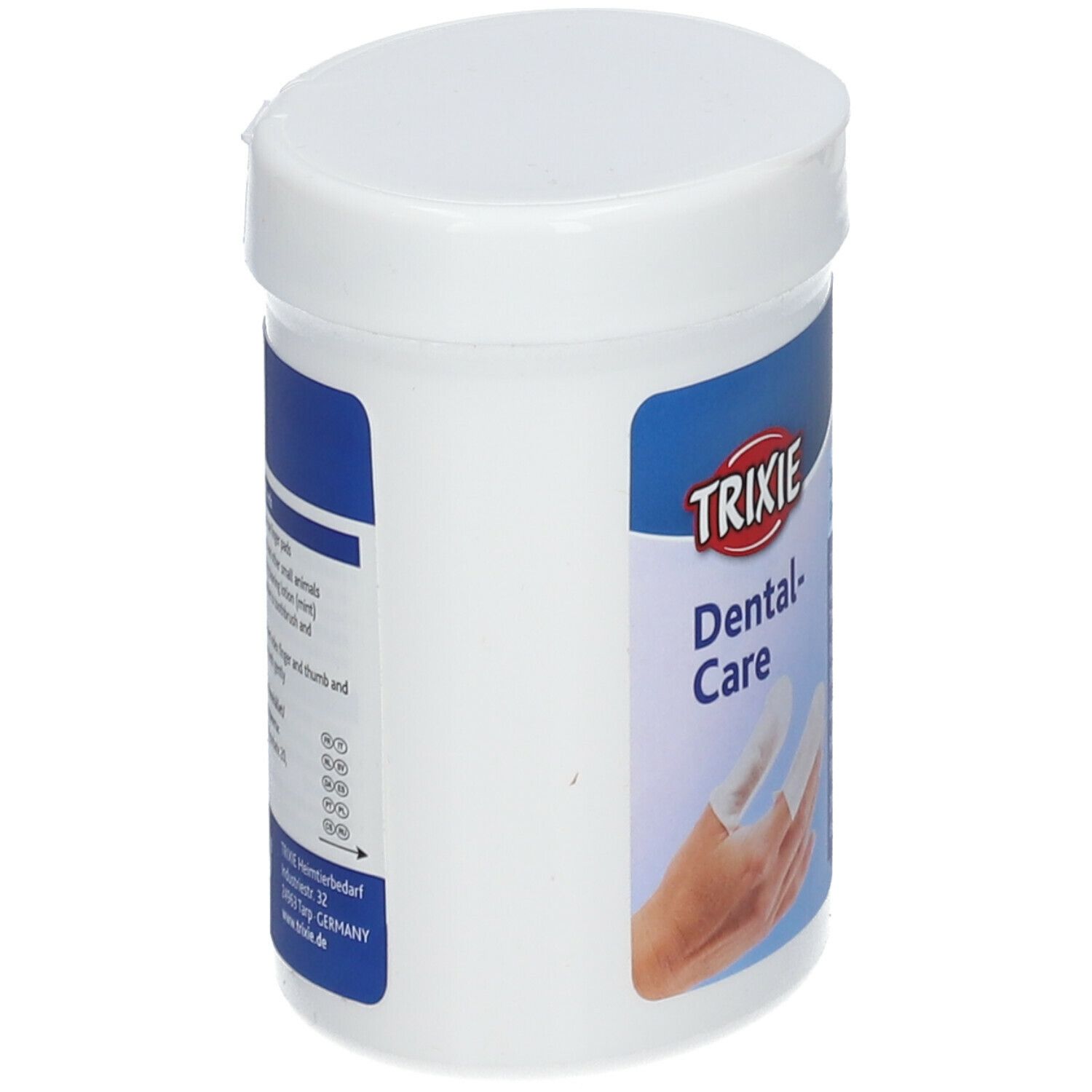 Contenitore bianco con etichetta blu. Scritta: TRIXIE Dental-Care. Vista laterale.