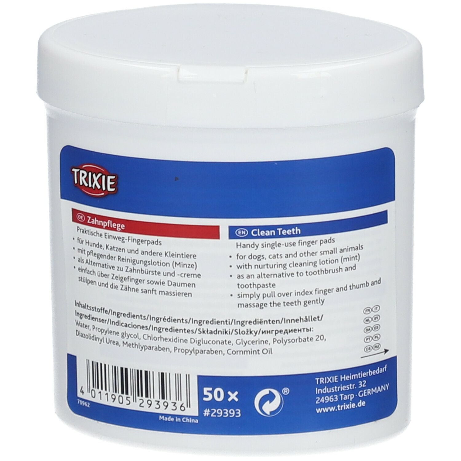 Contenitore bianco con etichetta blu. Scritta: TRIXIE. Informazioni sul prodotto e ingredienti.