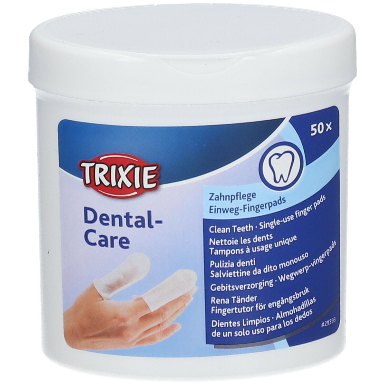 Contenitore bianco con etichetta blu. Scritta: TRIXIE Dental-Care. Salviettine mostrate. 50 pezzi.