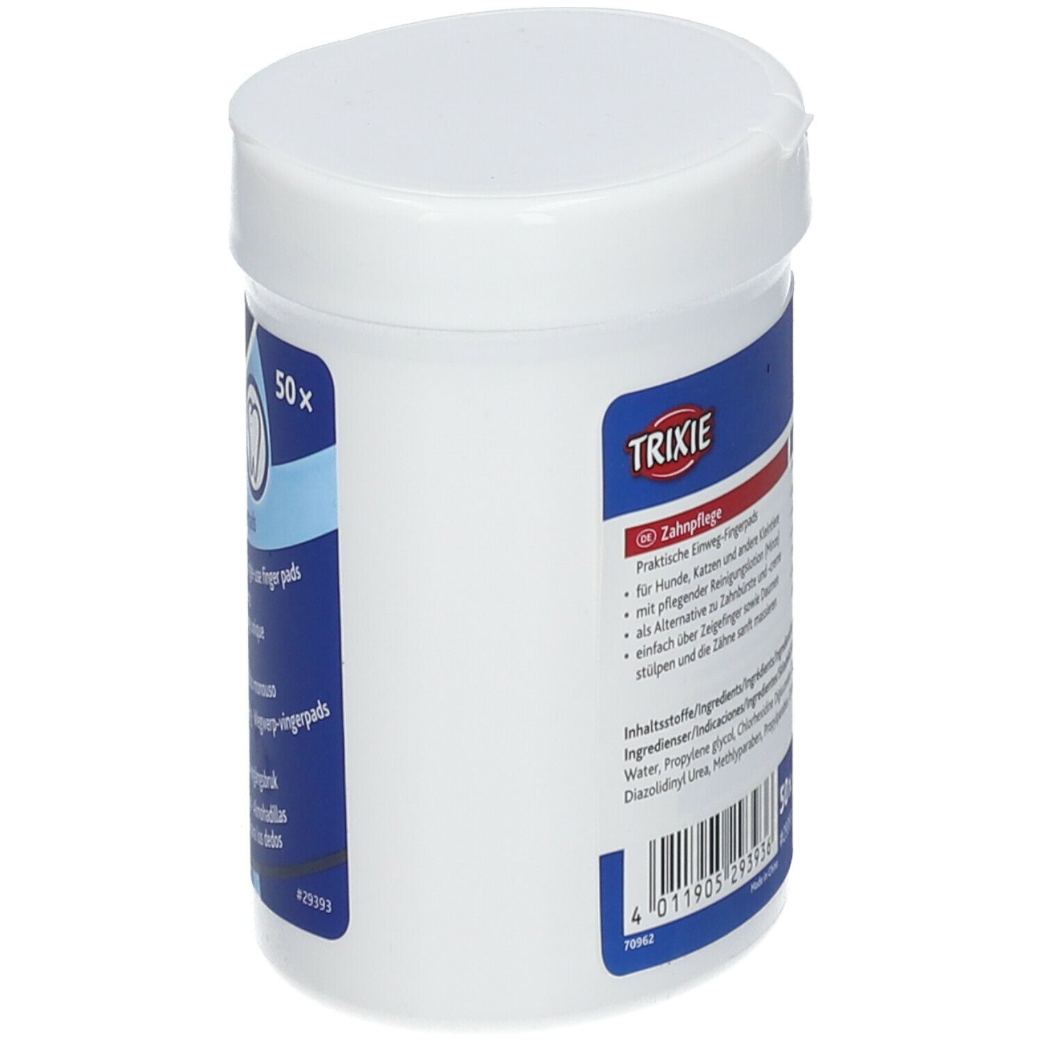 Contenitore bianco con etichetta blu. Scritta: TRIXIE. Informazioni sul prodotto e ingredienti.