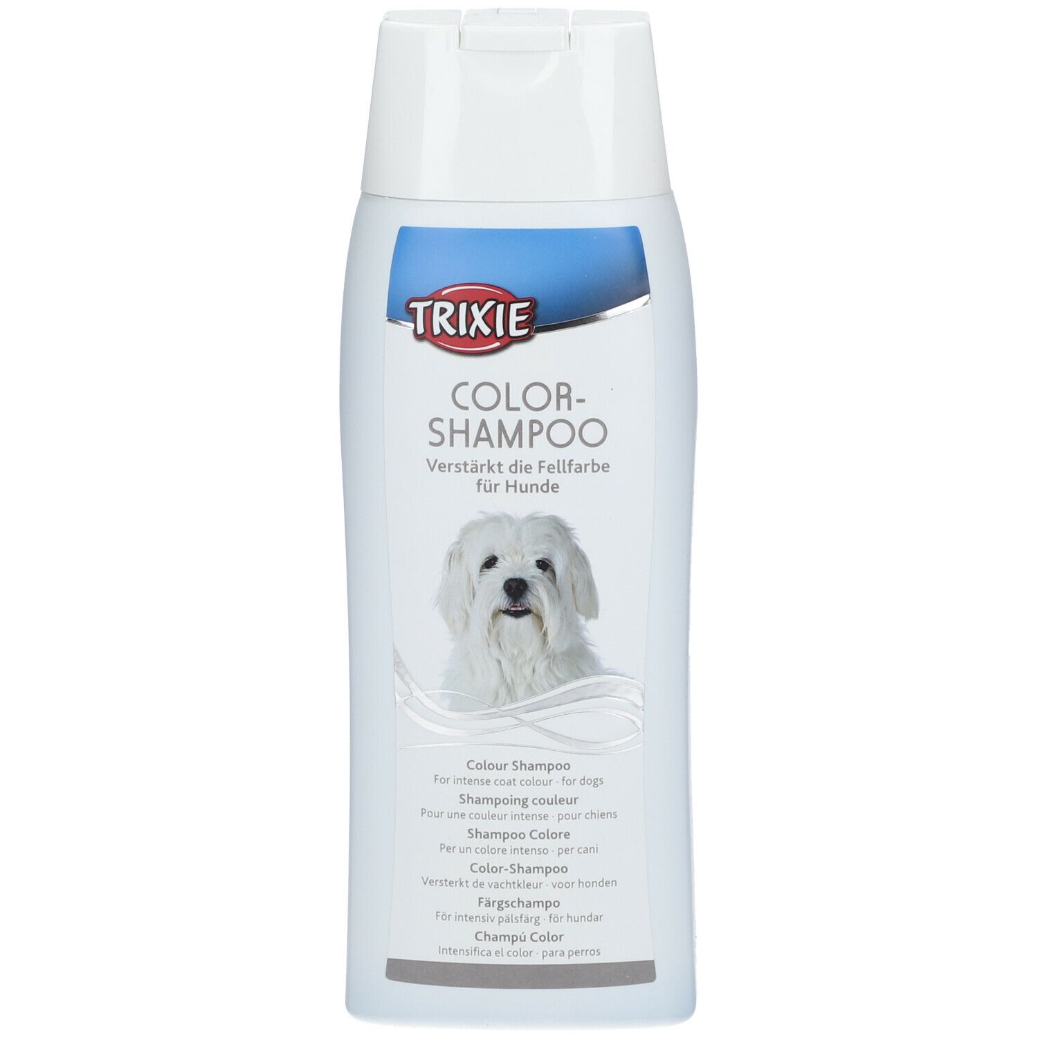 Shampoo TRIXIE Color per cani. Bottiglia bianca con etichetta blu. Immagine di un cane bianco. Testo multilingue.